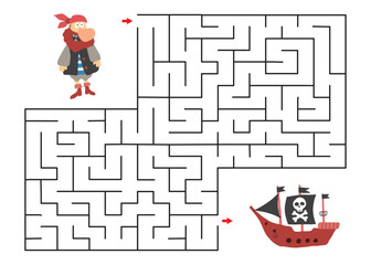 Labyrinth, Maze game for children. Logical puzzle for kids. Quest to find the right path for a Pirate to his ship. Vector illustration A4 - ready to print format.