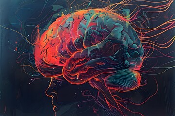 Human brain with vibrant colors on the dark background. Mental health, Neurology disease, brain health care, psychology mind card. Web, advertising - obrazy, fototapety, plakaty