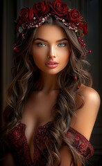 Fototapeta premium A woman with long brown hair is wearing a red dress