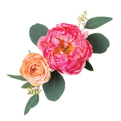 PNG flower arrangement, pink peony and red orange