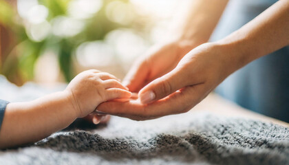 mom's hand cradles baby's in soft-lit indoor scene, symbolizing love, protection, and maternal bond