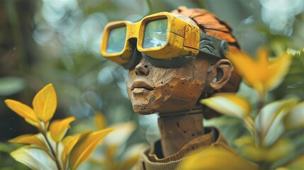 miniature wood doll wearing augmented reality glasses
