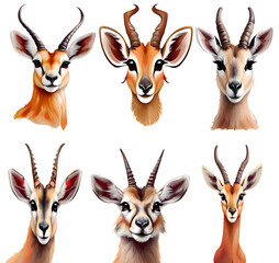 Collection of diverse antelope head graphics: multiple antelope head PNG set illustration transparent background. 
