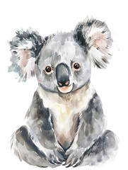 Ai Generated Art Watercolor Painting Of Baby Koala in Pastel Grey and Pink Colors Isolated On White...