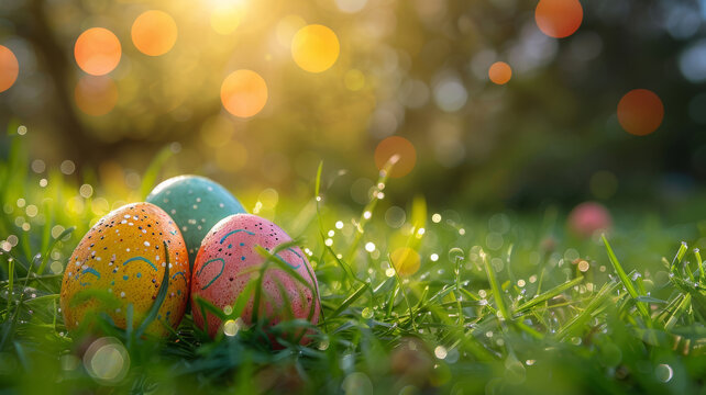 Easter eggs on the grass bokeh effect