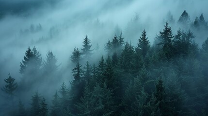 The dense fog blankets the Pacific Northwest forest, creating a mystical atmosphere in Washington State. - obrazy, fototapety, plakaty