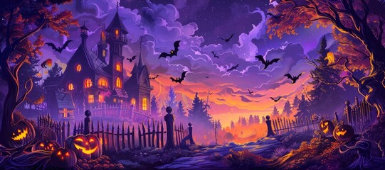 Halloween night background with a haunted house, pumpkins and bats in the sky - obrazy, fototapety, plakaty