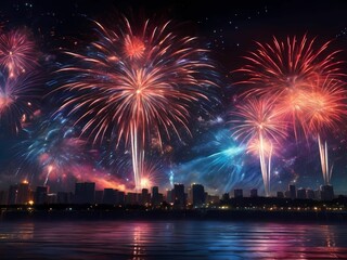 A holographic fireworks display lighting up the night sky with dazzling patterns and colors.