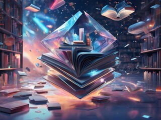 A futuristic library filled with holographic books floating amidst abstract shapes.