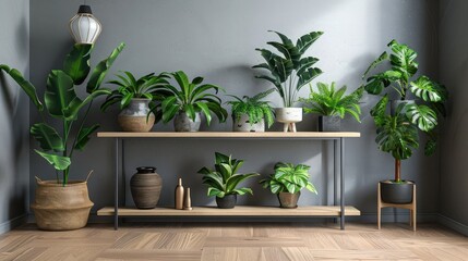 Tropical Houseplants for Trendy Home Decor. Urban Jungle with Philodendron and Chinese Evergreen in Flower Pots on Wooden Tables for Indoor Living Room Interior - obrazy, fototapety, plakaty