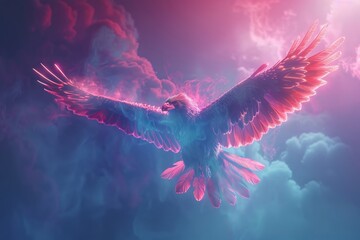A majestic Hippogriff glides across a neon-lit sky, fusing mythical grace with 80s retro vibes in a surreal, dreamy landscape. - obrazy, fototapety, plakaty