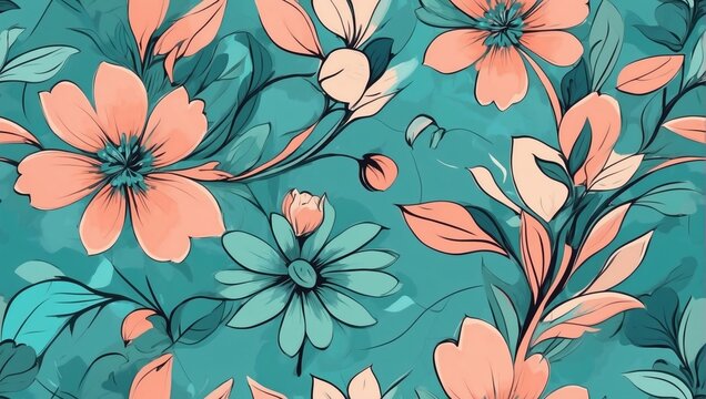 Abstract background of cyan flowers on a peach background in the style of painting. Beautiful, minimalistic print.