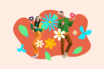 Trend artwork composite sketch image 3D photo collage of couple two people blogger board use device receive like network ecommerce post