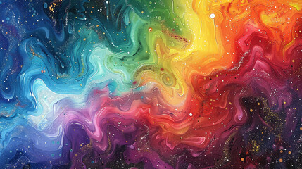 Vibrant watercolor swirls intertwining with glittering rainbow hues on a cosmic canvas. 