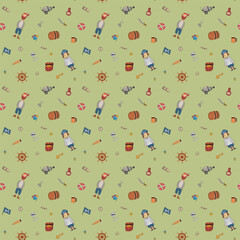 Cute Pirate elements Seamless Pattern. Cartoon items Pirate and objects. background. Vector illustration