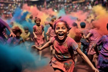 Fototapeta premium A boy is dancing in a colorful crowd