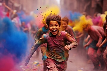 Obraz premium A boy is dancing in a colorful crowd