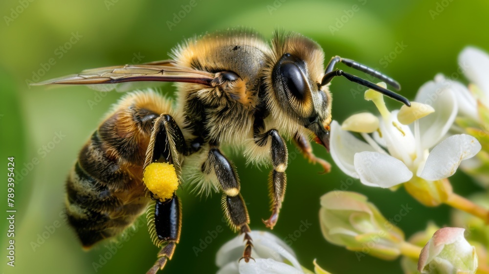 Poster a close-up of a bee pollinating a flower, showcasing the vital role of pollinators in maintaining he