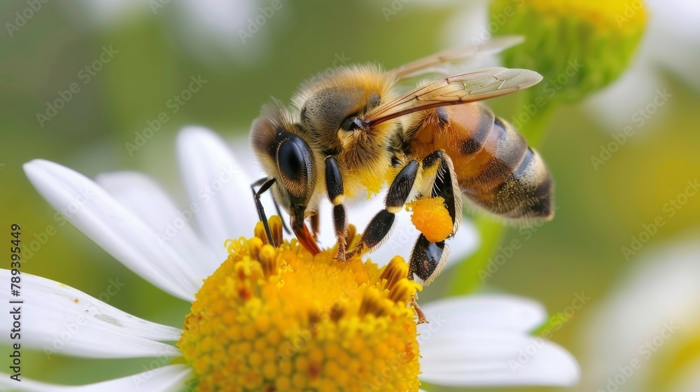Poster a close-up of a bee pollinating a flower, showcasing the vital role of pollinators in maintaining he