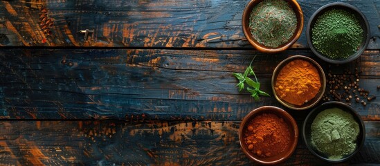 An overhead view showcasing freshly ground curry, chili, and powdered green tea in bowls, along with spices on a textured wooden background, leaving space for additional text.
