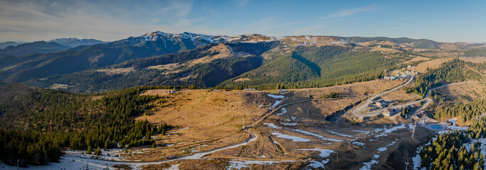 Panoramic view near the Prislop Pass on the border of the Maramureș region in springtime....