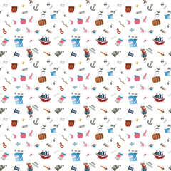 Cute Pirate elements Seamless Pattern. Cartoon items Pirate and objects. background. Vector illustration