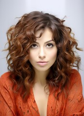 Fototapeta premium A woman with curly brown hair is wearing an orange shirt