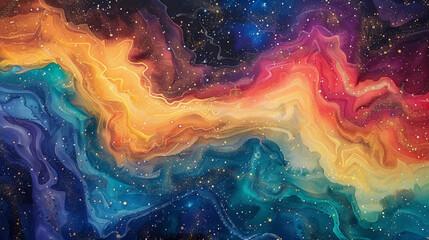 Vibrant watercolor swirls intertwining with glittering rainbow hues on a cosmic canvas. 