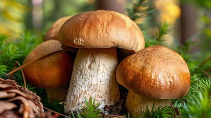 A close-up of wild porcini mushrooms nestled in forest undergrowth, showcasing the natural beauty and allure of edible fungi.
