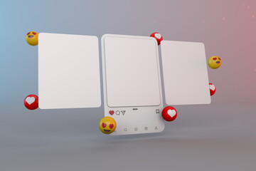 Instagram carousel post a emoticons reaction with love emoticons and like emoticons. 3D Carousel social network interface with emoticons and white frame app