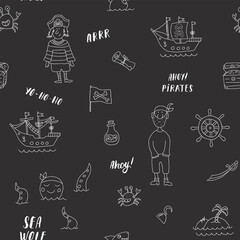 Cute Pirate elements Seamless Pattern. Cartoon items Pirate and objects. background. Vector illustration