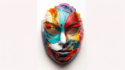 A striking colorful and artistic mask set against a white background. 