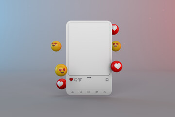 Instagram love emoticons and instagram mockup. 3D post social network interface a white frame app...