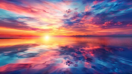 A colorful sunset reflected on the calm surface of a river, creating a breathtaking panorama of light and color along the water's edge.