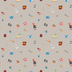 Cute Pirate elements Seamless Pattern. Cartoon items Pirate and objects. background. Vector illustration