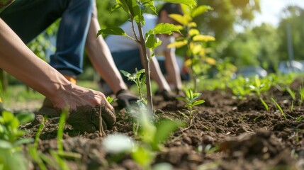 Fototapeta premium A community coming together to plant trees in a park, promoting environmental stewardship and sustainability in urban greening projects.
