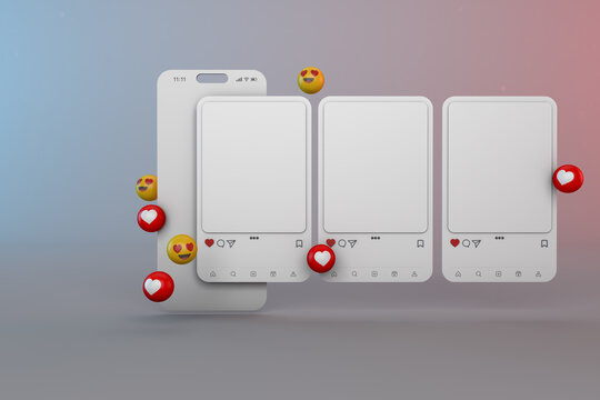 3D Instagram Post Mockup with Social Media Carousel, Interface, and Emoticons