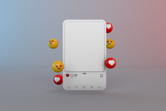 Instagram love emoticons and instagram mockup. 3D post social network interface a white frame app with emoticons