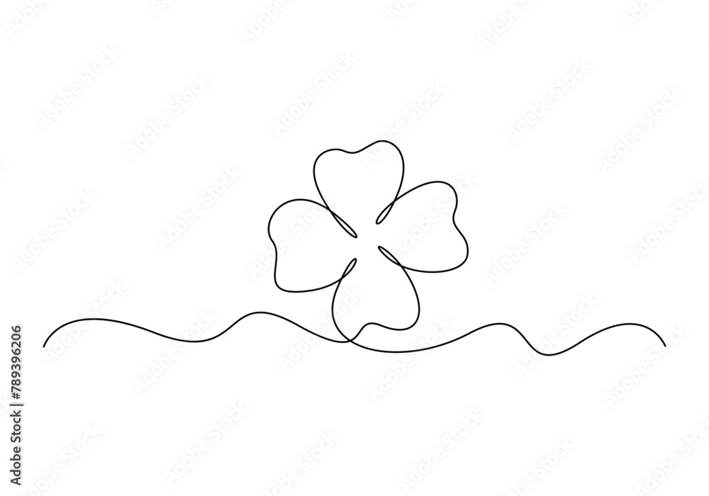 Poster continuous one line drawing of four leaf clovers. isolated on white background vector illustration. 