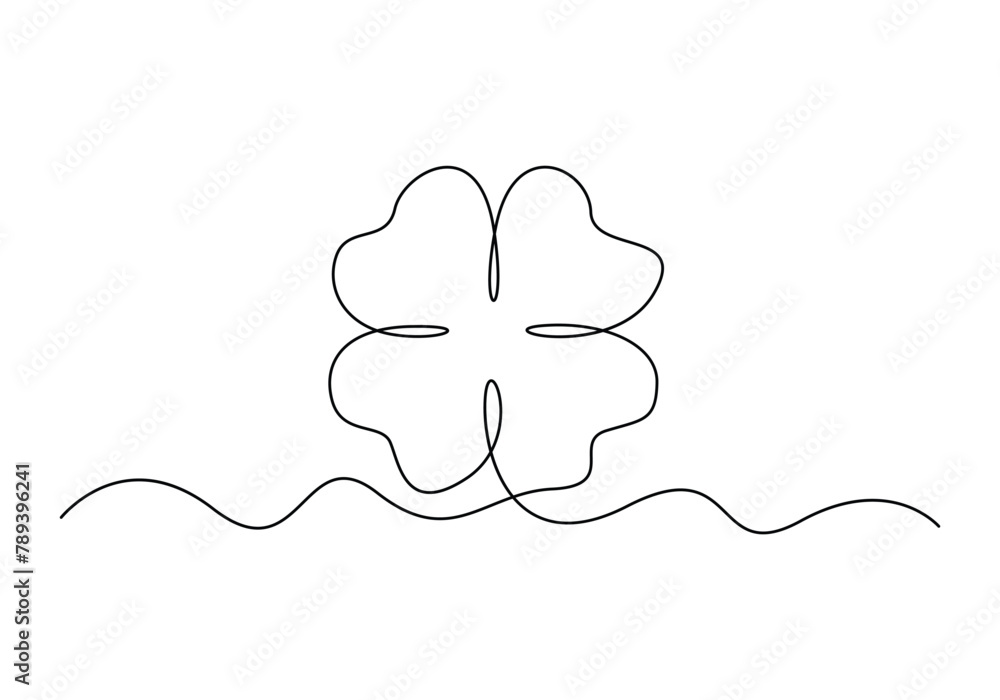 Poster continuous one line drawing of four leaf clovers. isolated on white background vector illustration. 