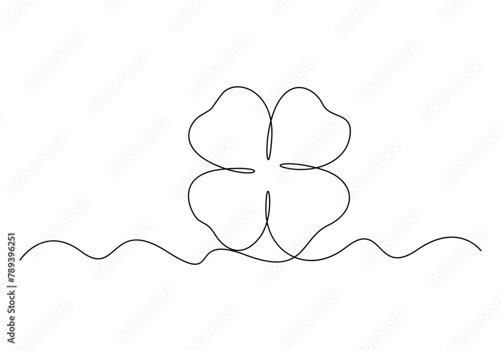 Poster continuous one line drawing of four leaf clovers. isolated on white background vector illustration. 