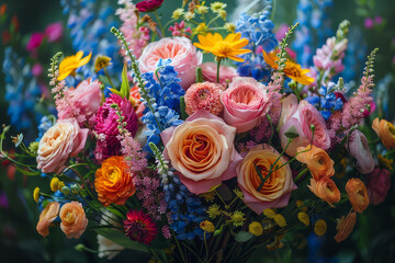 Illustration of decorative colorful floral flowers bouquet in the style of painting on canvas. AI Generative.