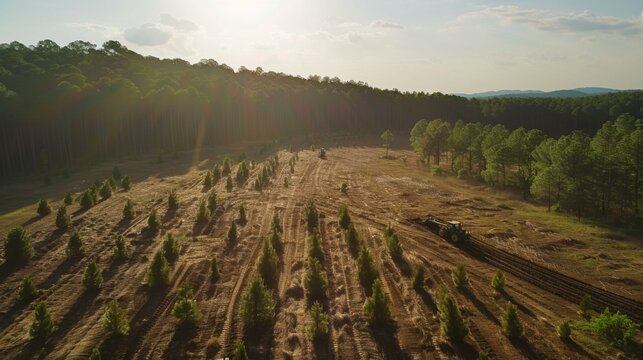 A drone aerial view of a reforestation project with workers planting trees across vast expanses of deforested land, highlighting large-scale restoration efforts.