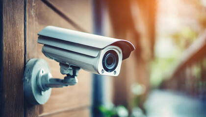 Security camera mounted on wall, blurred background, bright tone, space for caption