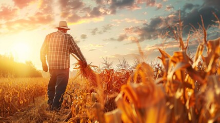 A farmer harvesting ripe ears of corn in a sunny field, symbolizing the culmination of hard work and the bounty of nature's harvest.