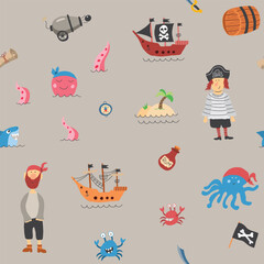 Cute Pirate elements Seamless Pattern. Cartoon items Pirate and objects. background. Vector illustration