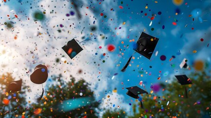 Graduation Caps Floating in the Sky with Confetti, Hand Edited Generative AI