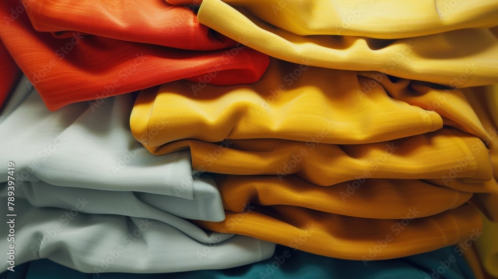 Poster colorful stack of folded fabrics in a pile, textile texture background with vibrant multicolored lay