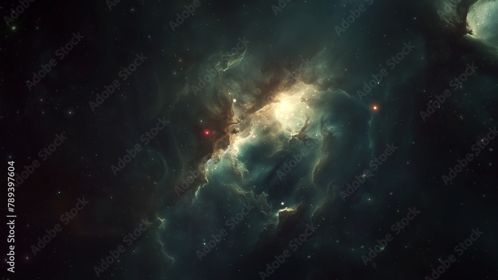 Wall mural yellow green deep space galaxy nebula. cinematic celestial background depicting astrology and space 