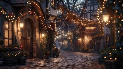 Twinkling holiday lights adorning a quaint village square, illuminating the night with a magical glow of festive spirit. 8k, realistic, full ultra HD, high resolution, and cinematic